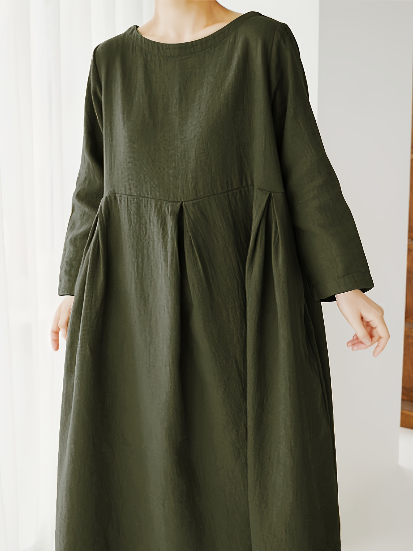 Minimalist Solid Pleated Long Sleeve Loose Maxi Dress