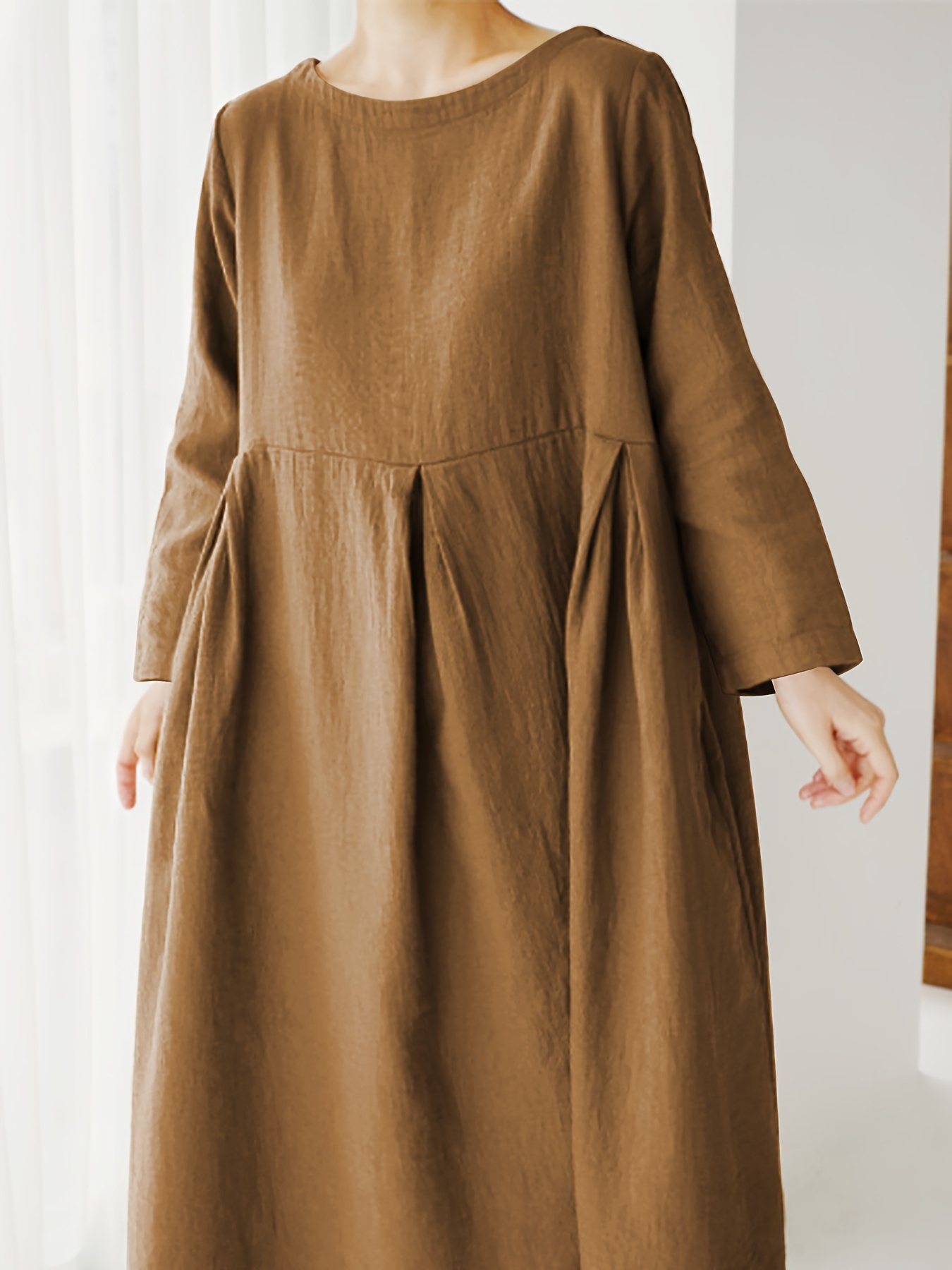 Minimalist Solid Pleated Long Sleeve Loose Maxi Dress