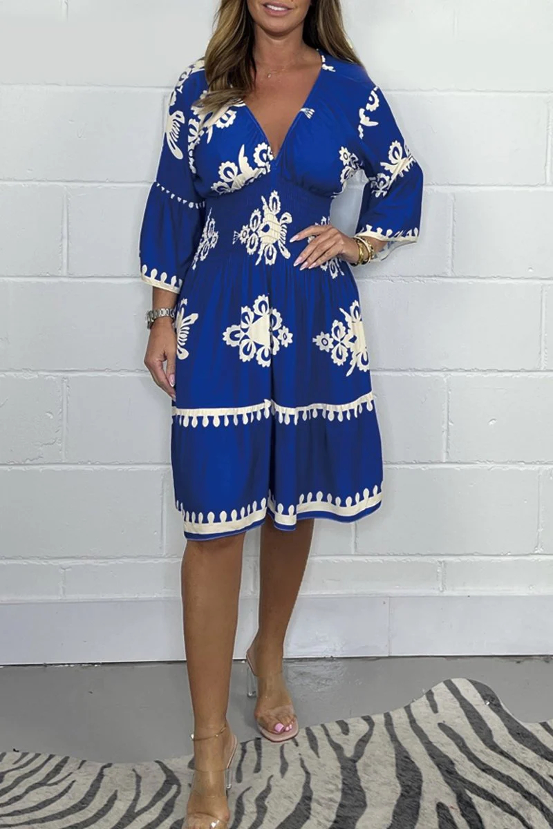 Tribal Embroidered Smocked Waist V-Neck Knee Dress 