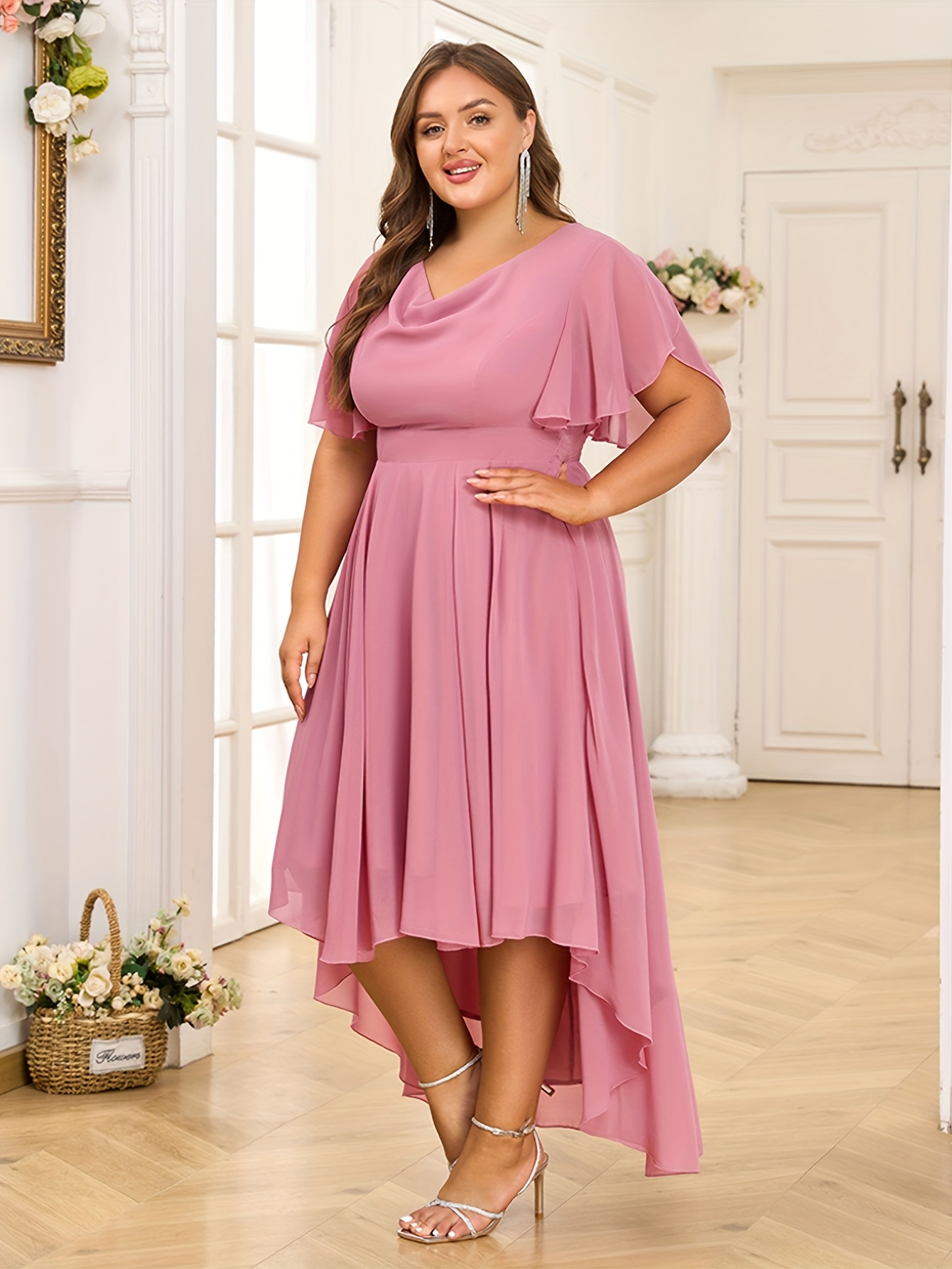 Plus Size Flutter Sleeve High-Low Chiffon Dress (Buy 2 Free Shipping)