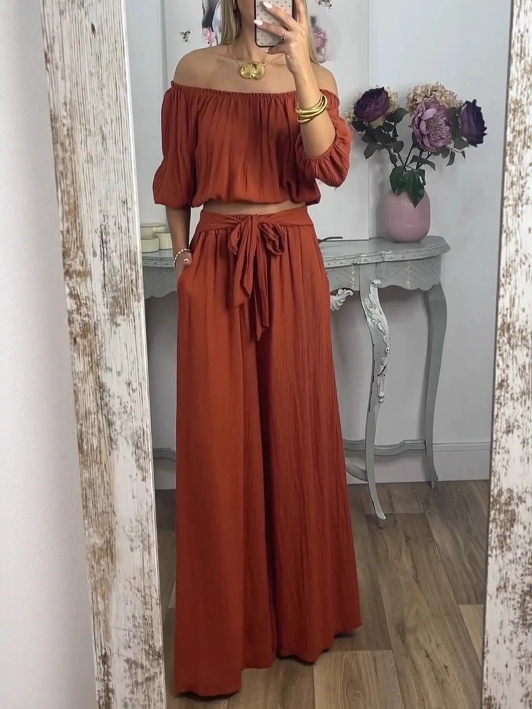 Elegant Off Shoulder Crinkle Top Wide Leg Pants Set (Buy 2 Free Shipping)