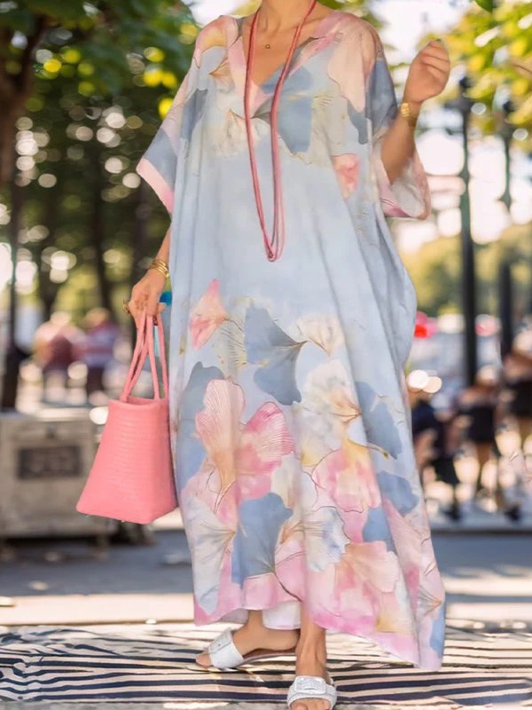 Floral Watercolor Print Loose Kaftan Dress (Buy 2 Free Shipping)