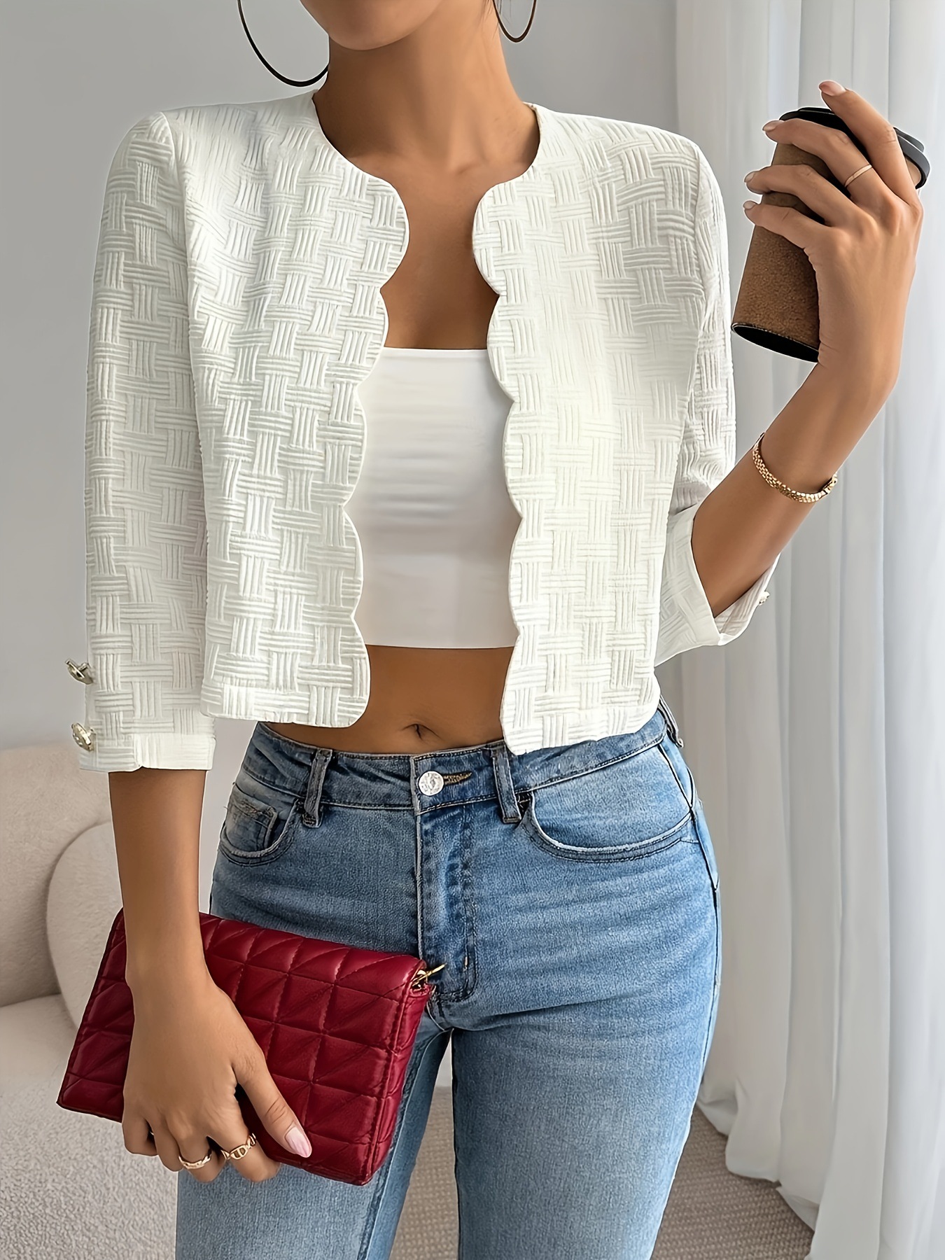 Elegant Textured Woven Open Front Cropped Jacket