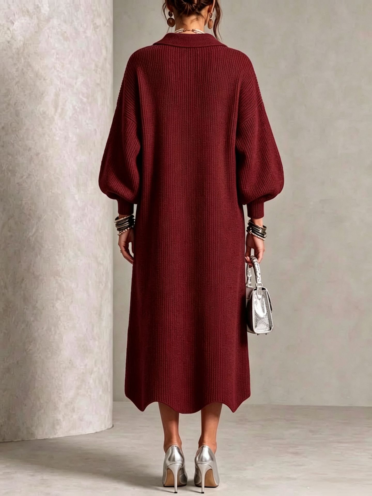Elegant Collared Button Ribbed Knit Dress