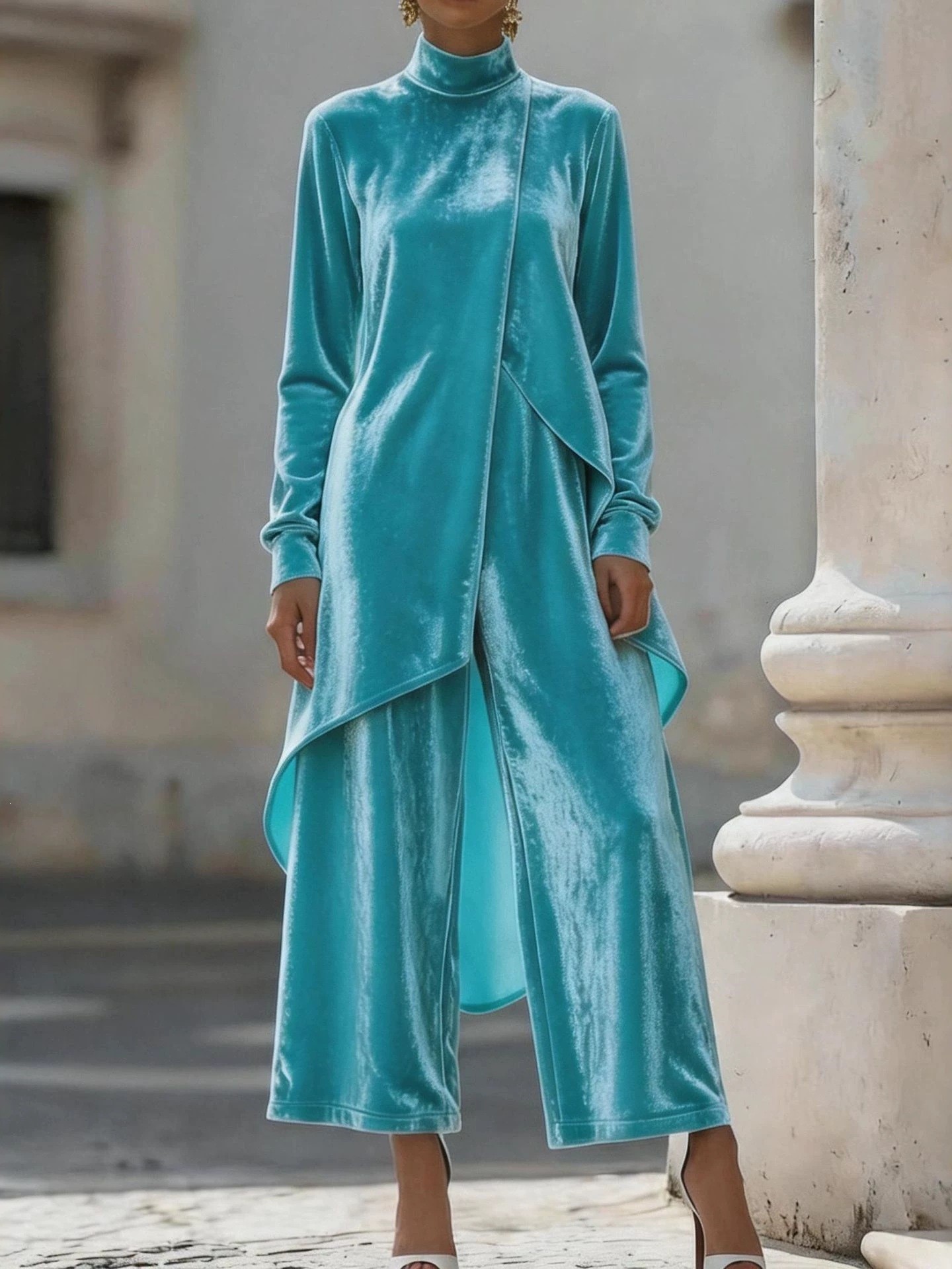 Elegant Velvet High Neck Asymmetrical Wide Leg Pants Set