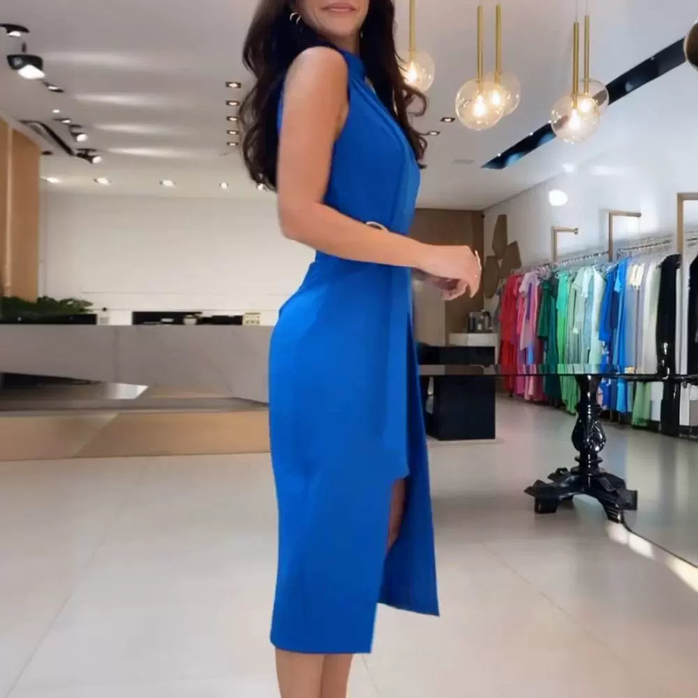 Side-Slit Belted Sleeveless Midi Dress (Buy 2 Free Shipping)