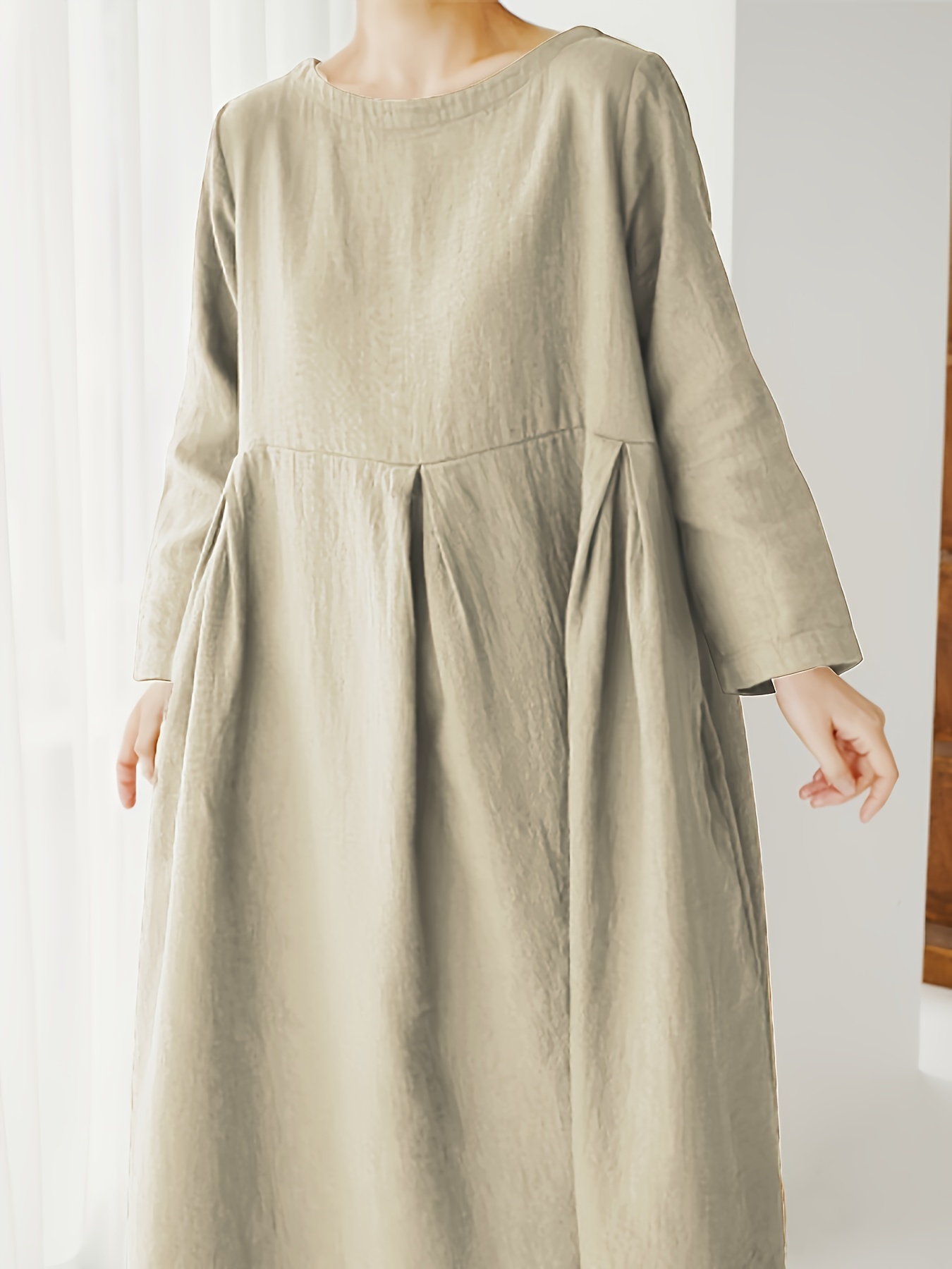 Minimalist Solid Pleated Long Sleeve Loose Maxi Dress