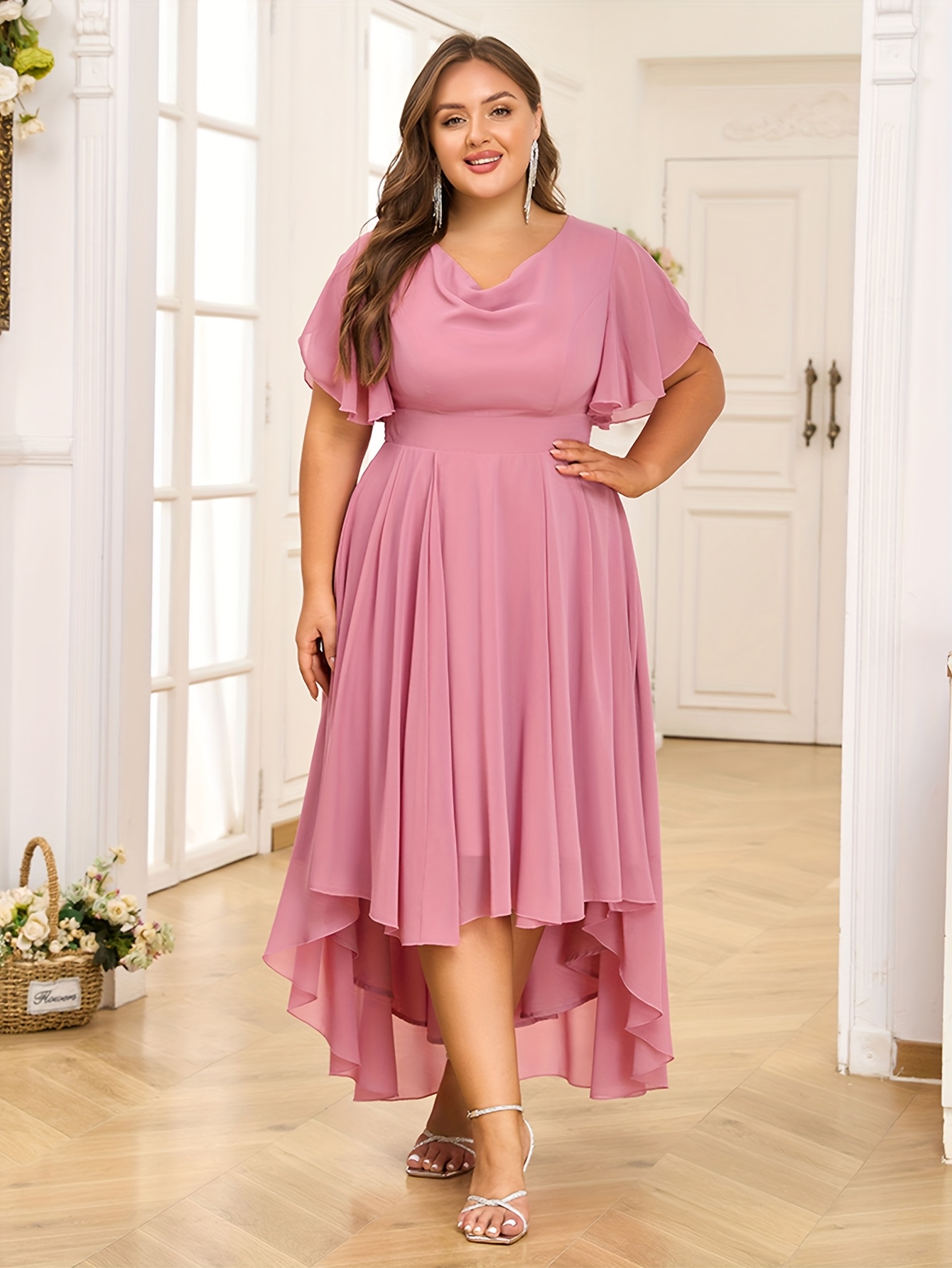 Plus Size Flutter Sleeve High-Low Chiffon Dress (Buy 2 Free Shipping)