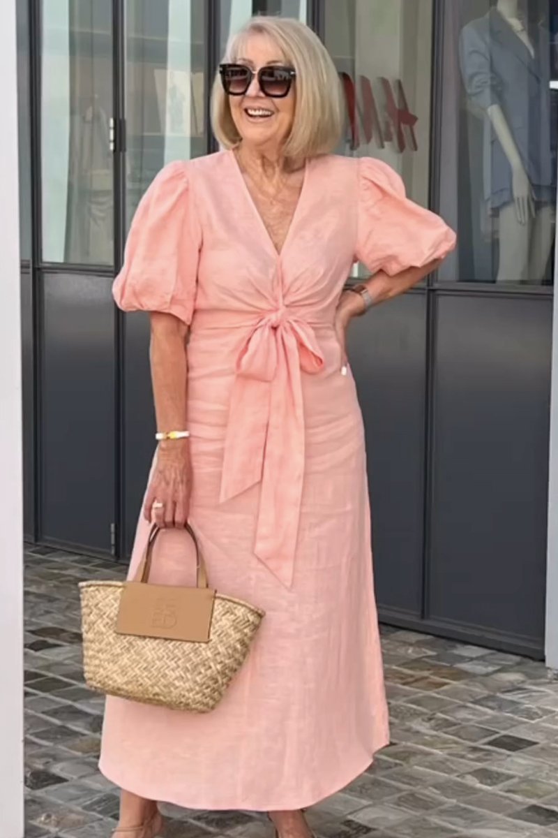 Elegant Puff Sleeve Tie Front Midi Dress (Buy 2 Free Shipping)