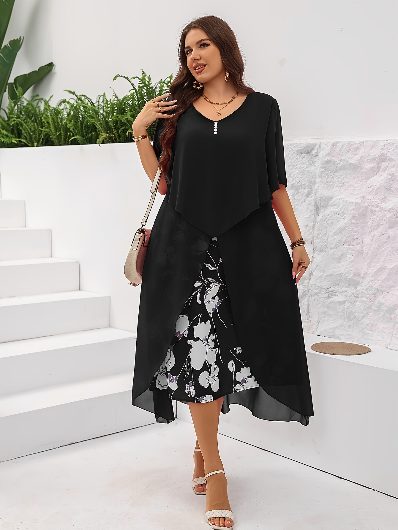 Elegant A-Line Layered Hem Floral Print Midi Dress