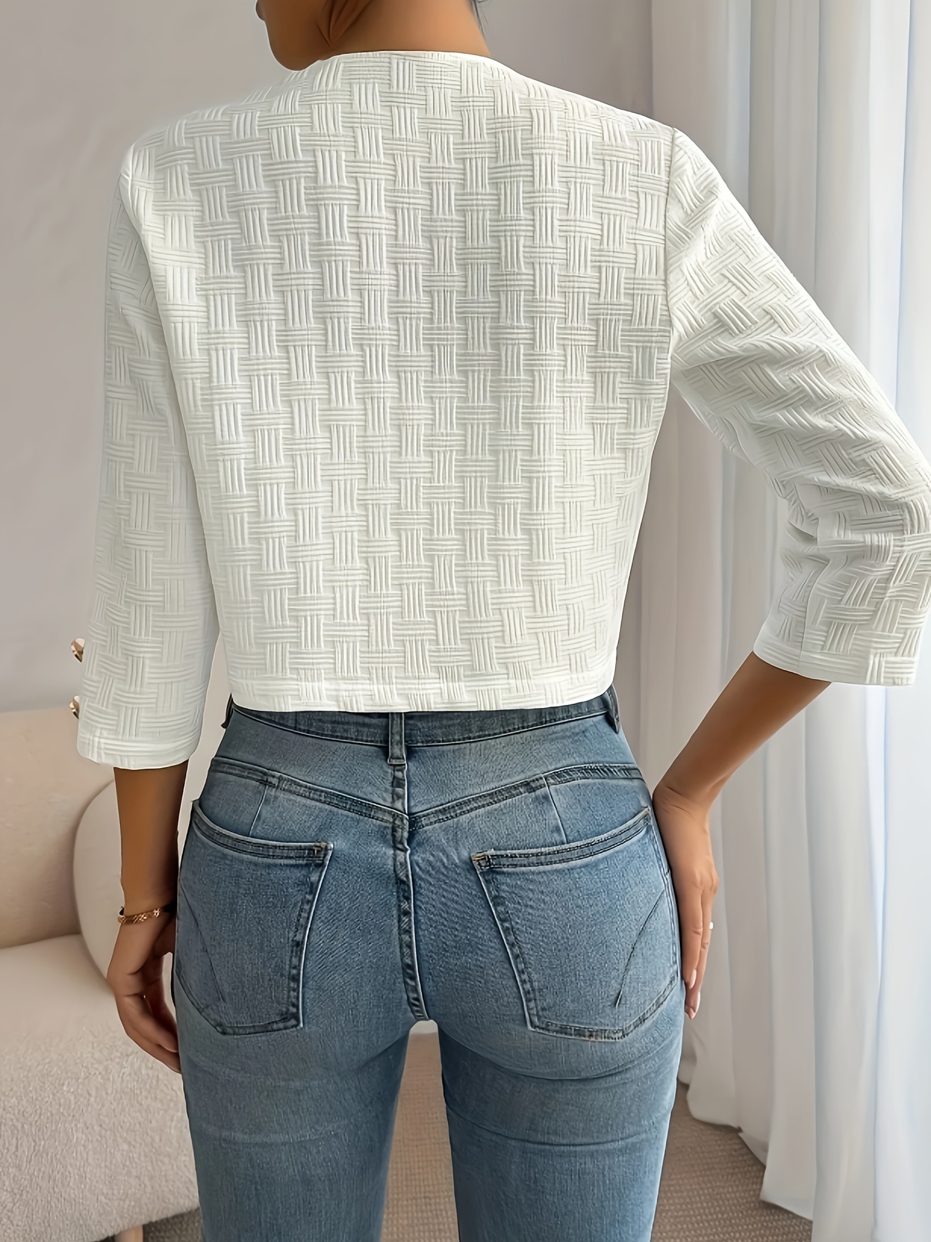 Elegant Textured Woven Open Front Cropped Jacket