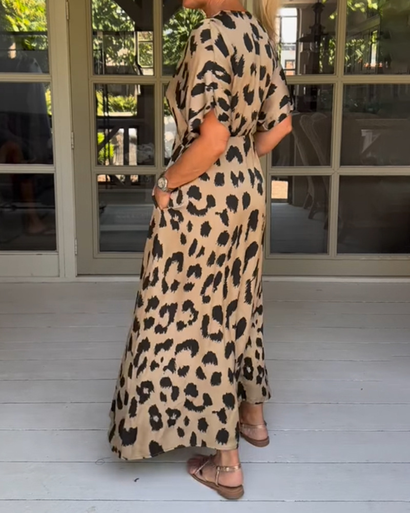 Leopard Print V-Neck Short Sleeve Pocket Maxi Dress