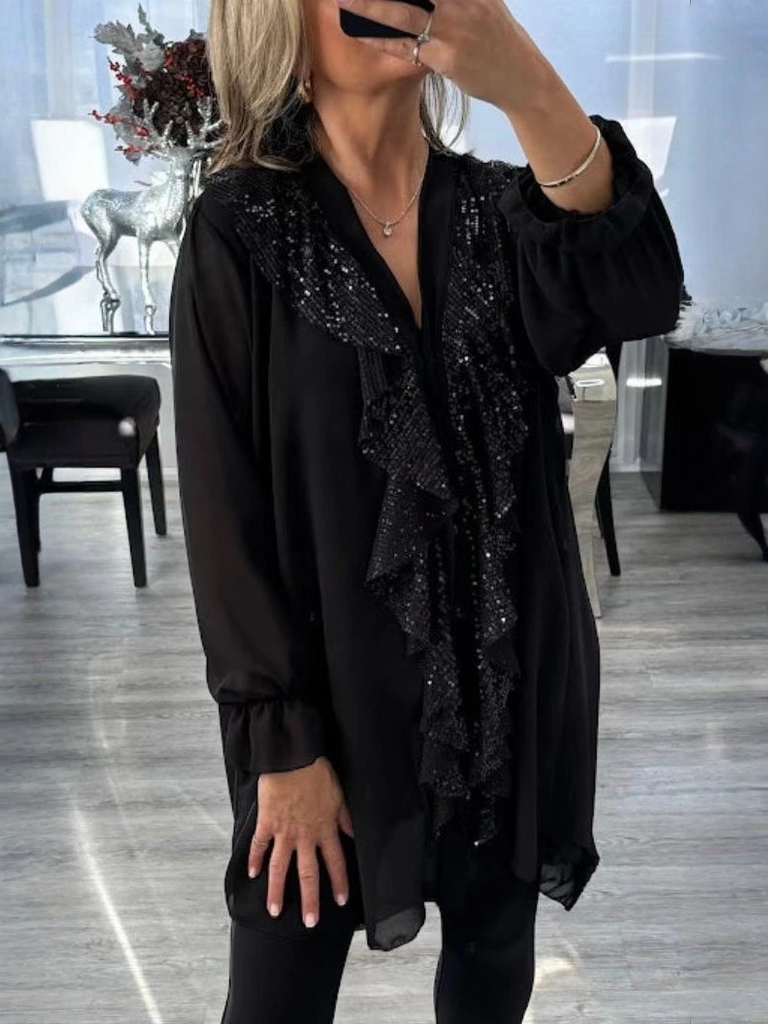 Sequin Ruffle V Neck Chiffon Loose Fit Blouse Top (Buy 2 Free Shipping)