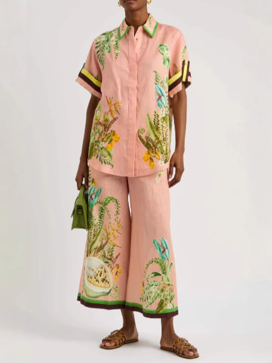 Relaxed Botanical Print Cotton-Linen Shirt and Pants Set (Buy 2 Free Shipping)