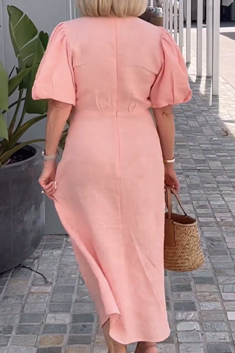Elegant Puff Sleeve Tie Front Midi Dress (Buy 2 Free Shipping)