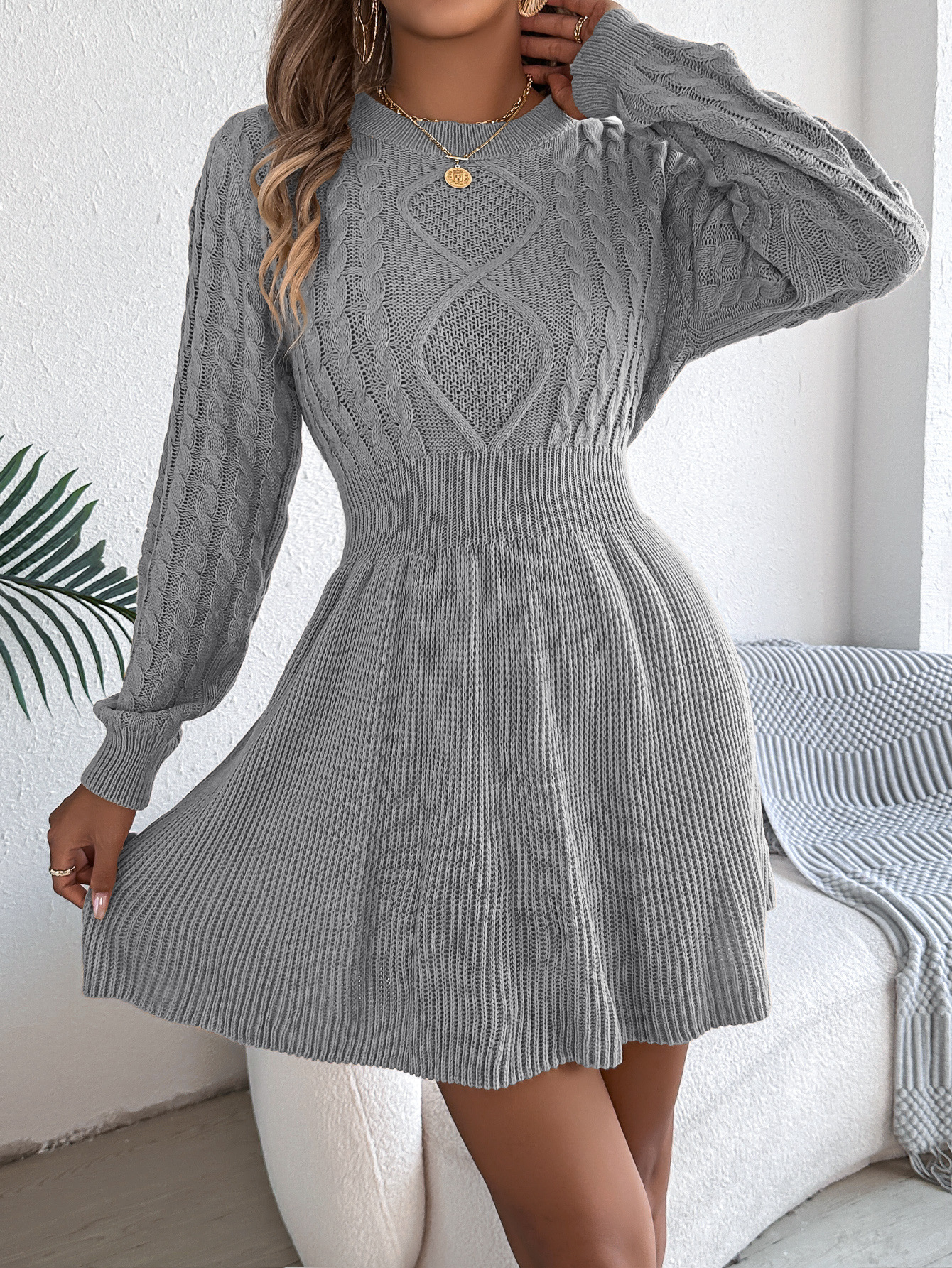Cable Knit Slim Fit Waistline Sweater Dress