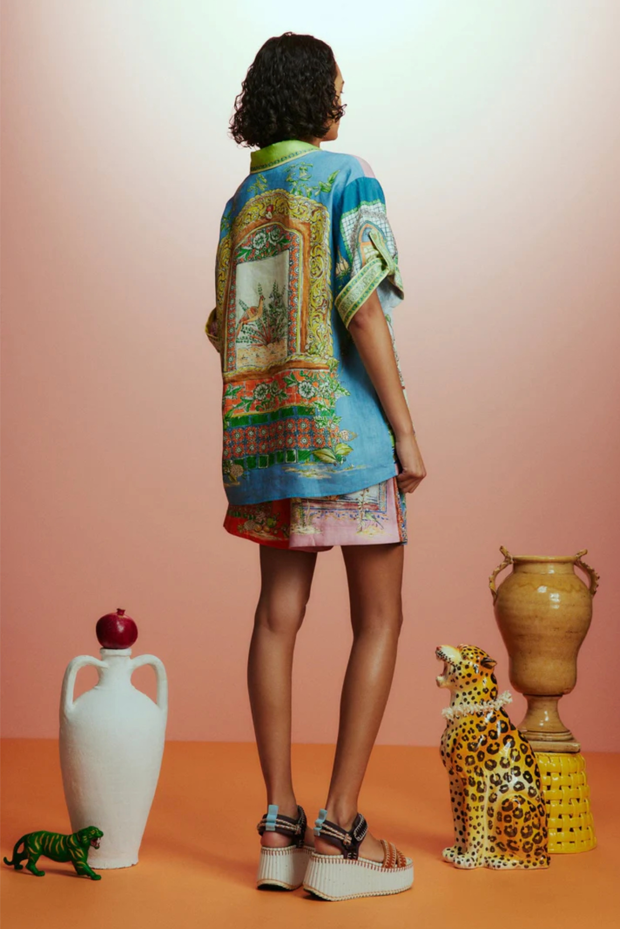 Unique Print Loose Short Sleeve Shirt and Elastic Waist Drawstring Pocket Shorts Set