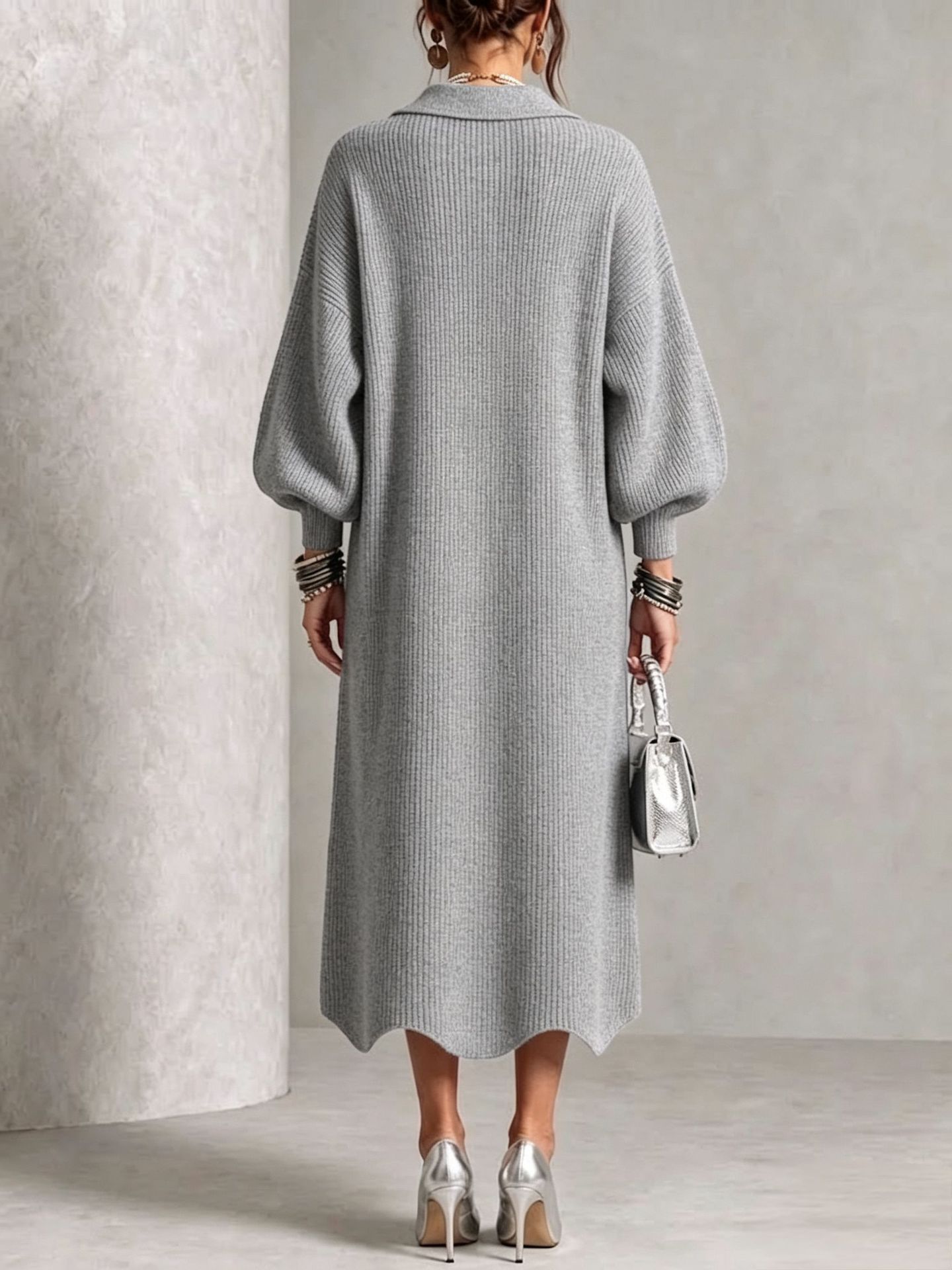 Elegant Collared Button Ribbed Knit Dress