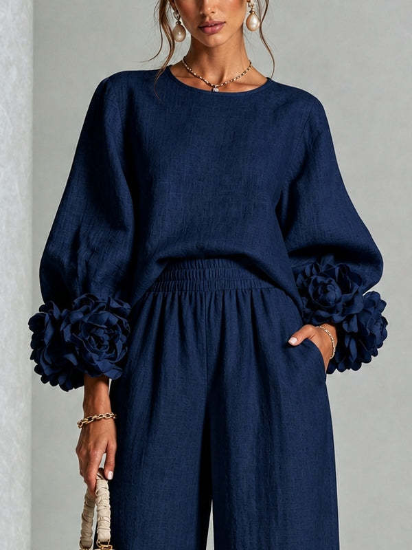 Elegant 3D Floral Cuff Balloon Sleeve Wide-Leg Pants Set