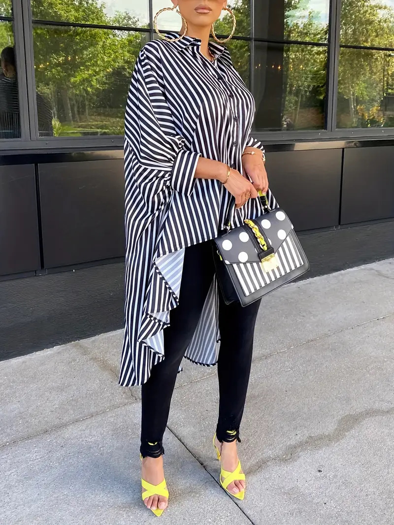 Relaxed Fit Striped Asymmetrical Hem Button Shirt