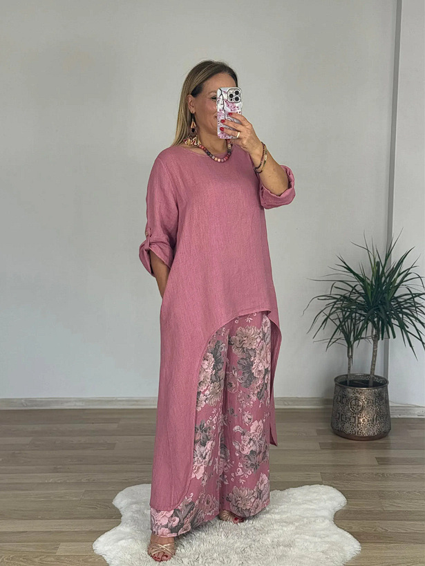 Relaxed High-Low Tunic Floral Wide-Leg Two-Piece Set
