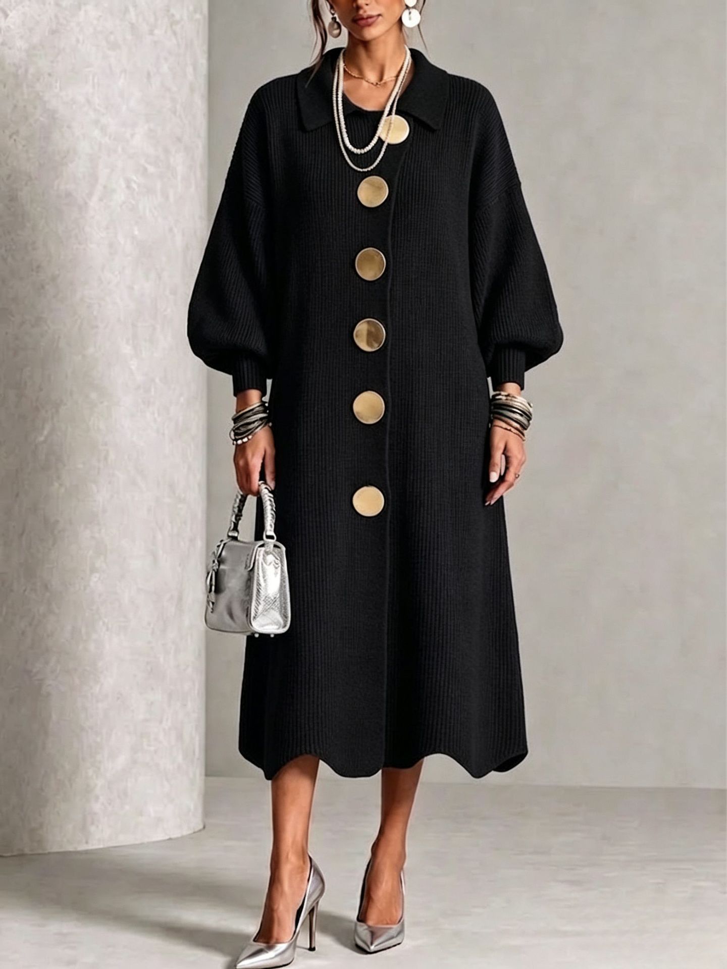 Elegant Collared Button Ribbed Knit Dress