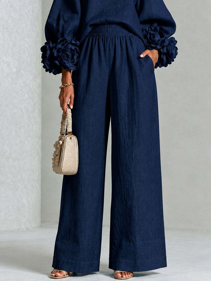 Elegant 3D Floral Cuff Balloon Sleeve Wide-Leg Pants Set