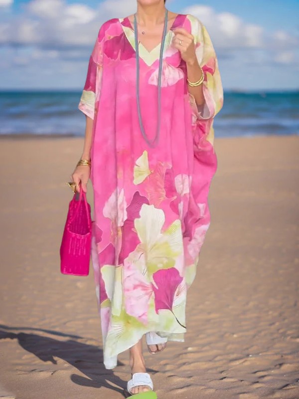 Floral Watercolor Print Loose Kaftan Dress (Buy 2 Free Shipping)
