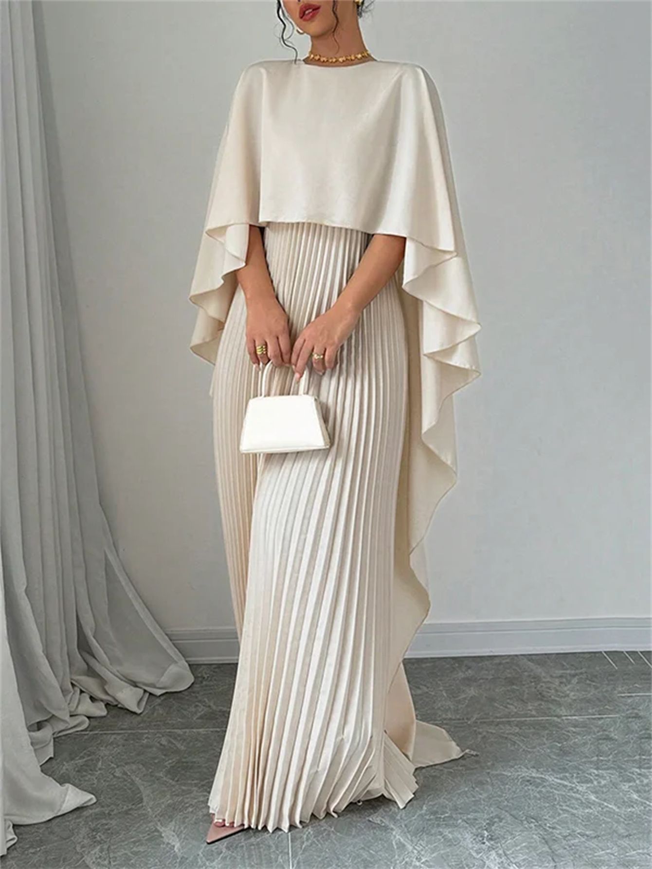 Elegant Cape Overlay Pleated Maxi Dress (Buy 2 Free Shipping)