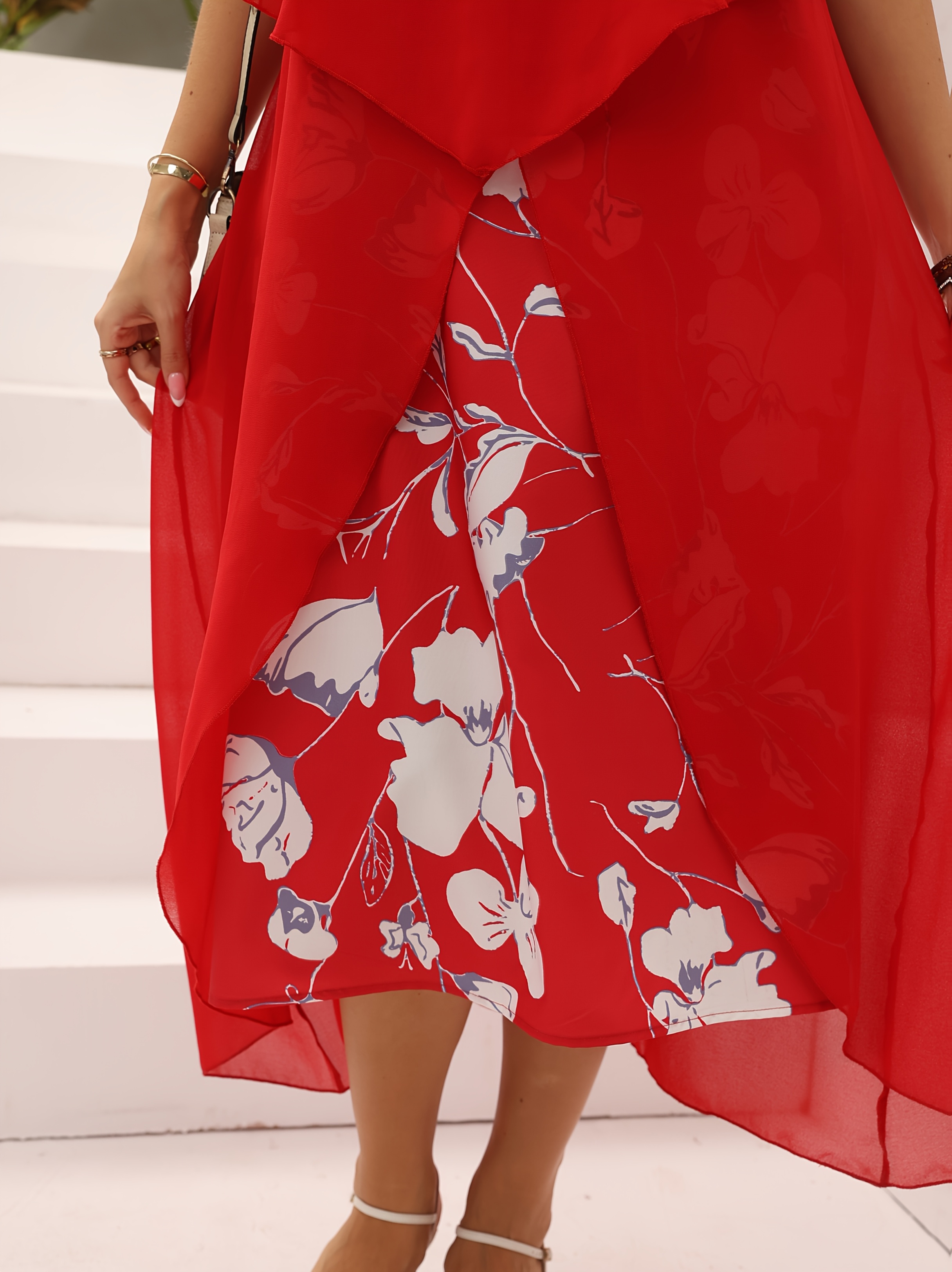 Elegant A-Line Layered Hem Floral Print Midi Dress