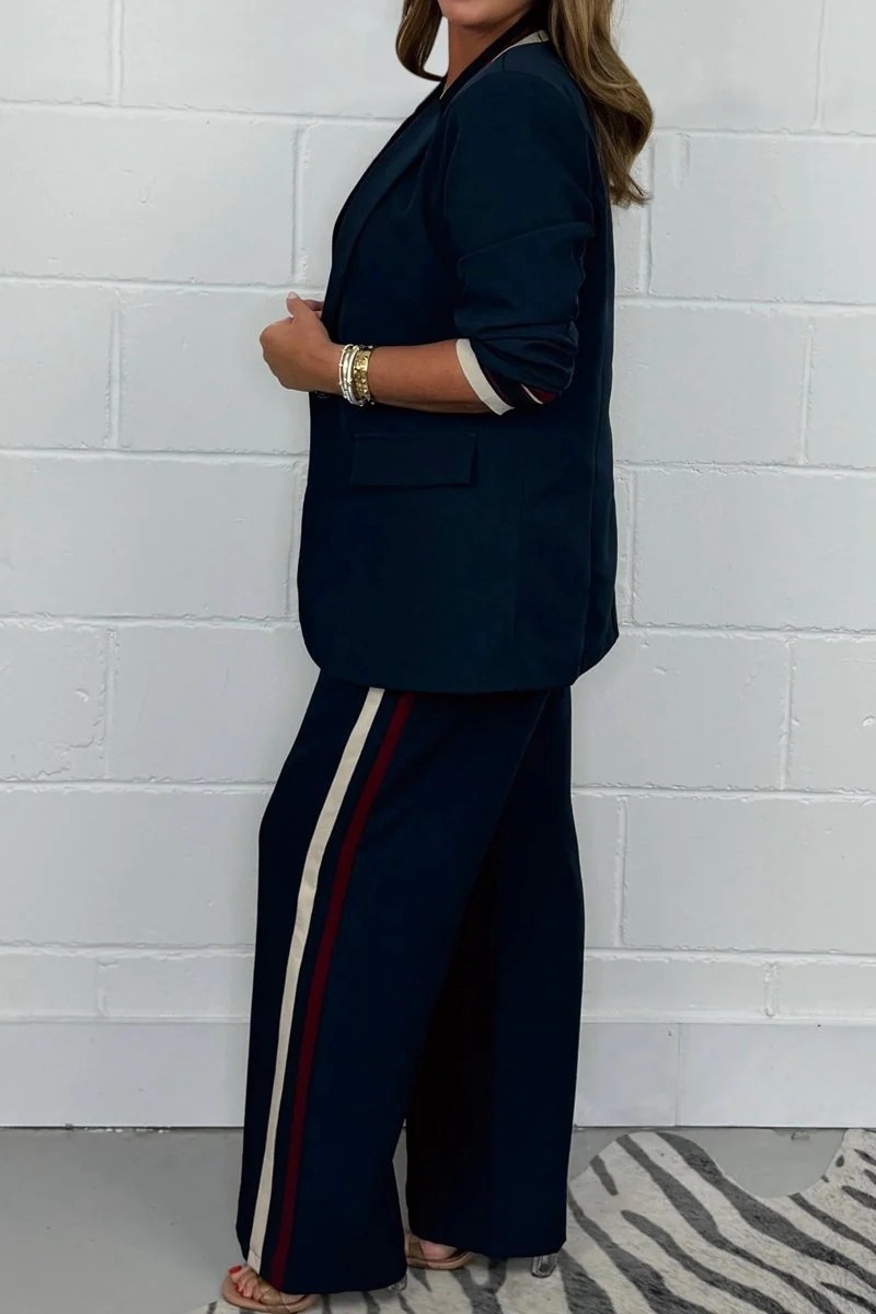 Colorblock Trim Blazer & Wide-Leg Pants Set (Buy 2 Free Shipping)
