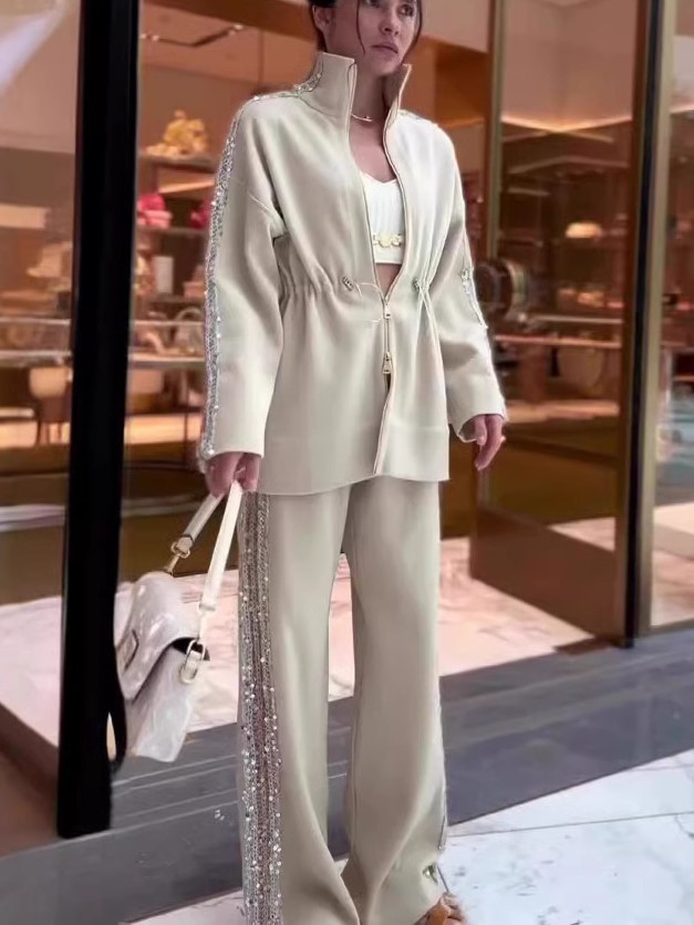Elegant Sequin Trim Drawstring Jacket and Wide Leg Pants Two Piece Set (Buy 2 Free Shipping)