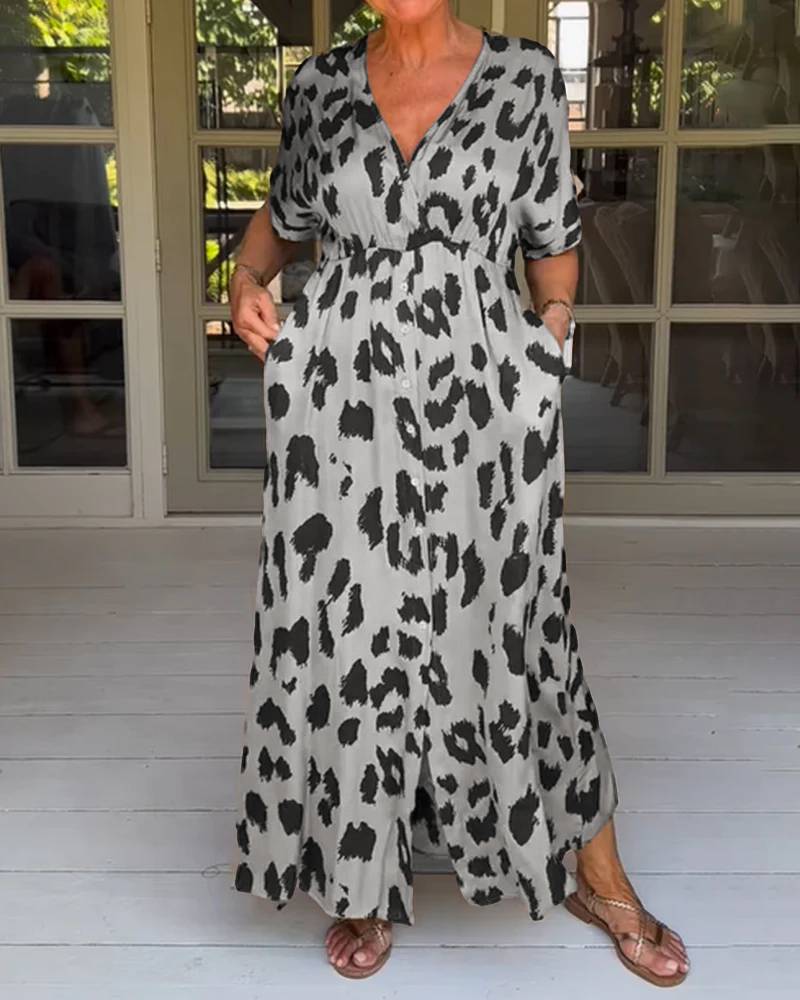 Leopard Print V-Neck Short Sleeve Pocket Maxi Dress