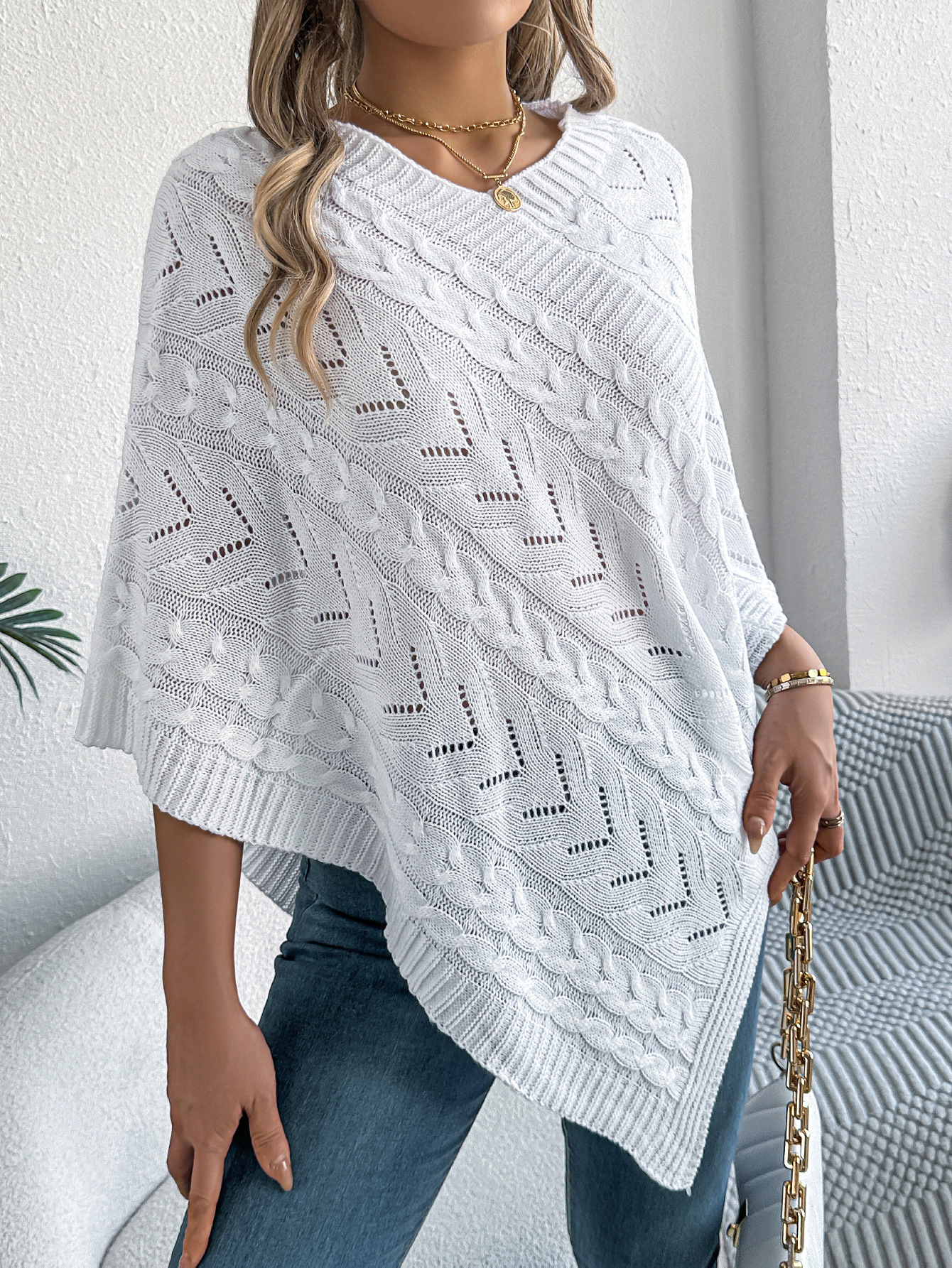 Relaxed Chevron Cable Knit V-Neck Poncho Sweater