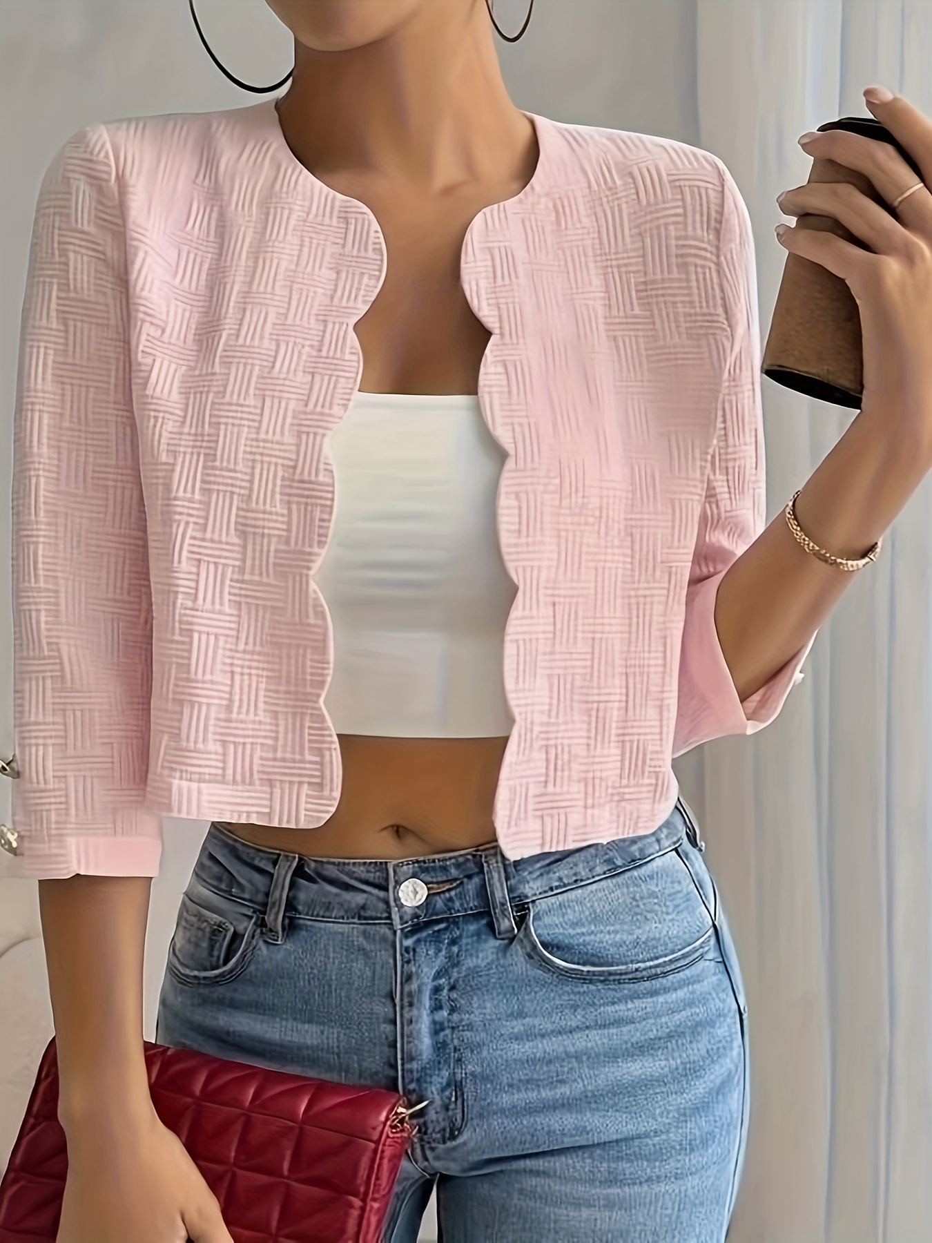 Elegant Textured Woven Open Front Cropped Jacket