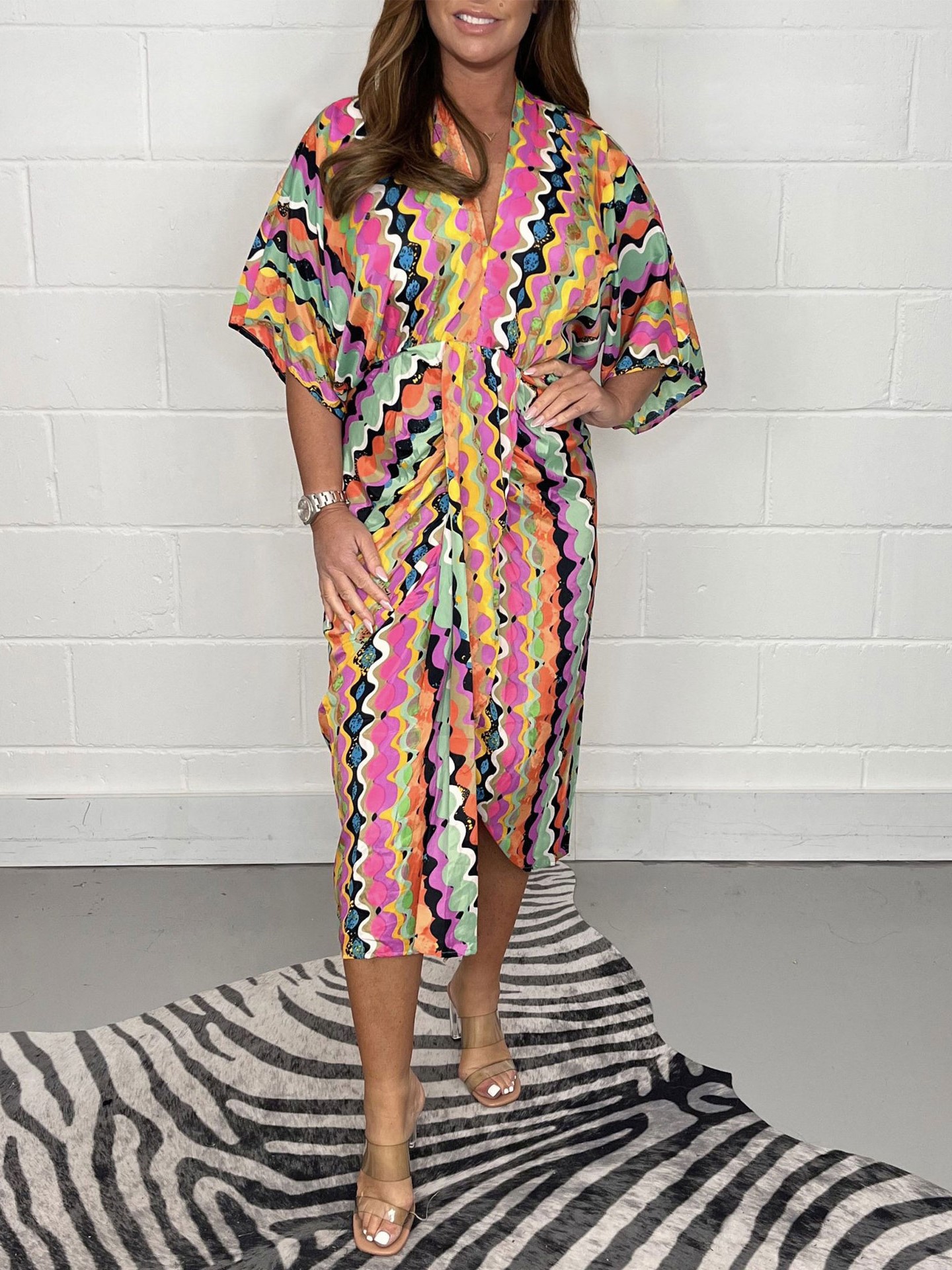 Colorful Print Twist Front Midi Dress (Buy 2 Free Shipping)