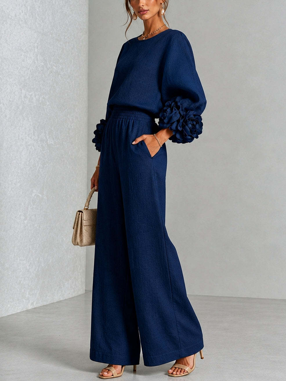 Elegant 3D Floral Cuff Balloon Sleeve Wide-Leg Pants Set