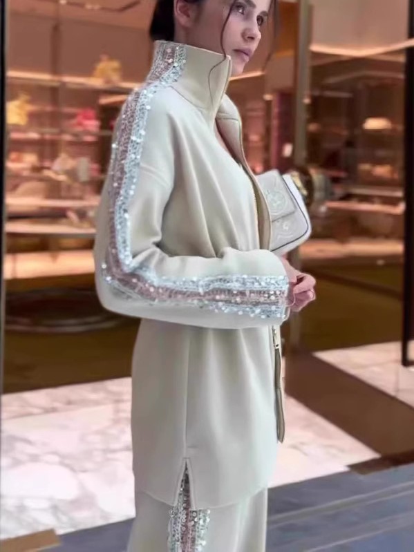 Elegant Sequin Trim Drawstring Jacket and Wide Leg Pants Two Piece Set (Buy 2 Free Shipping)