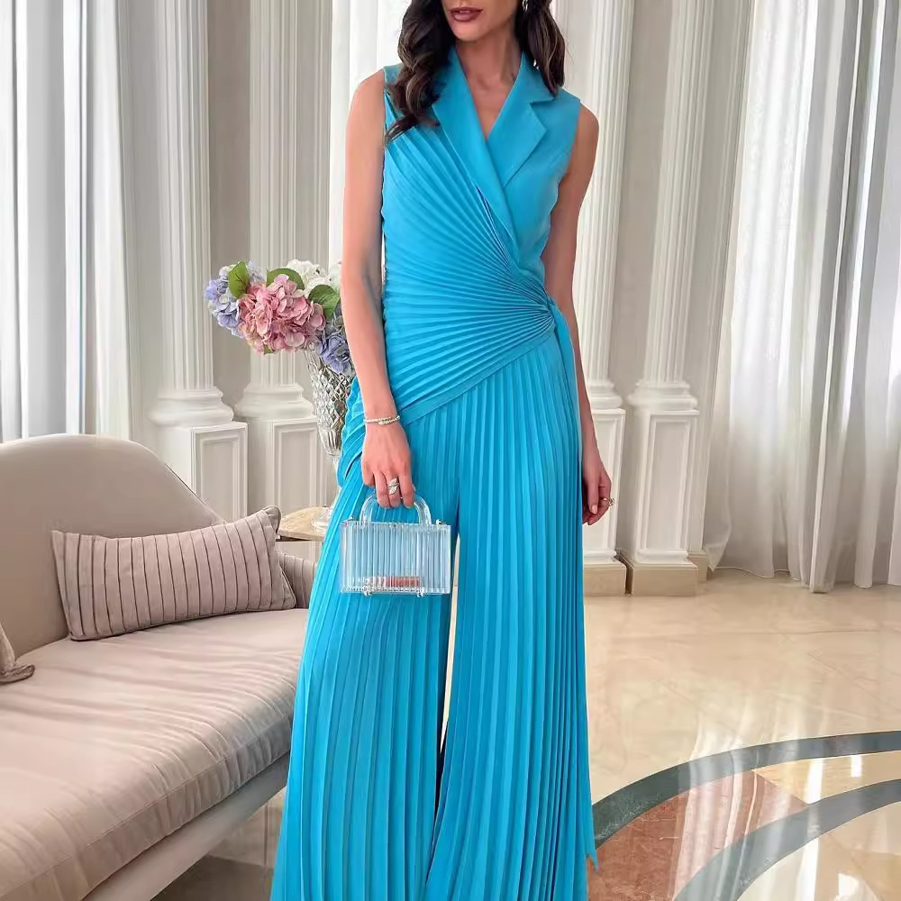 Lapel Top & Wide Leg Pleated Pants Jumpsuit (Buy 2 Free Shipping)