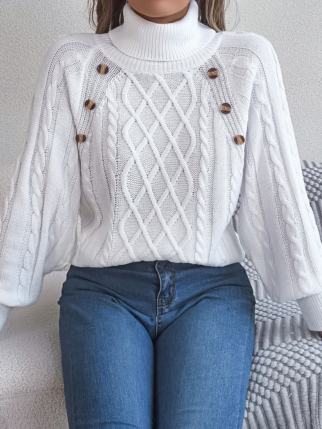 Cozy Turtleneck Cable Knit Button Accent Sweater