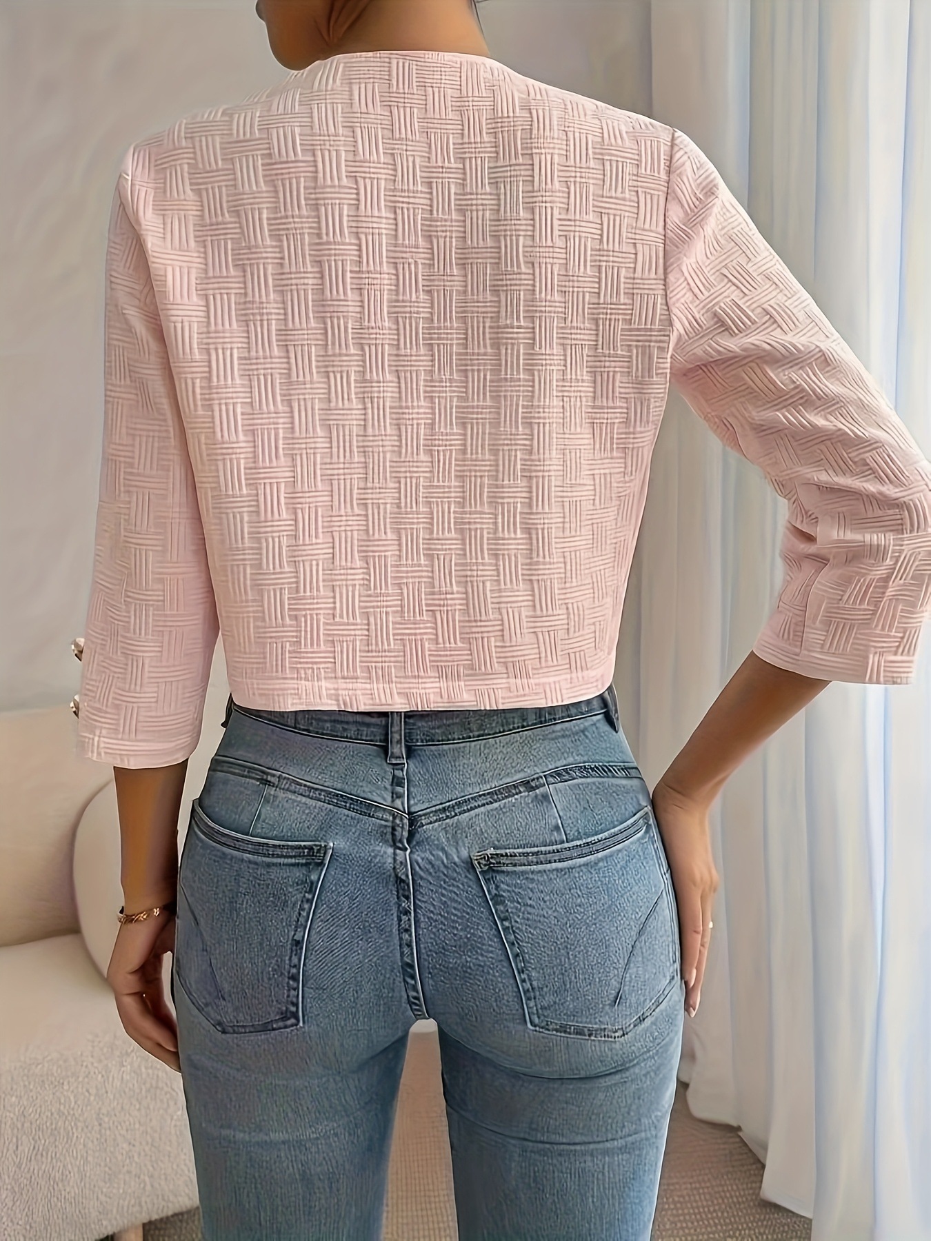 Elegant Textured Woven Open Front Cropped Jacket