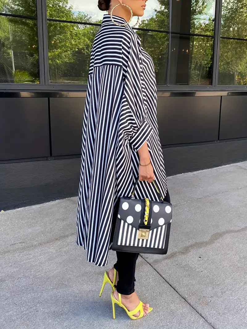 Relaxed Fit Striped Asymmetrical Hem Button Shirt