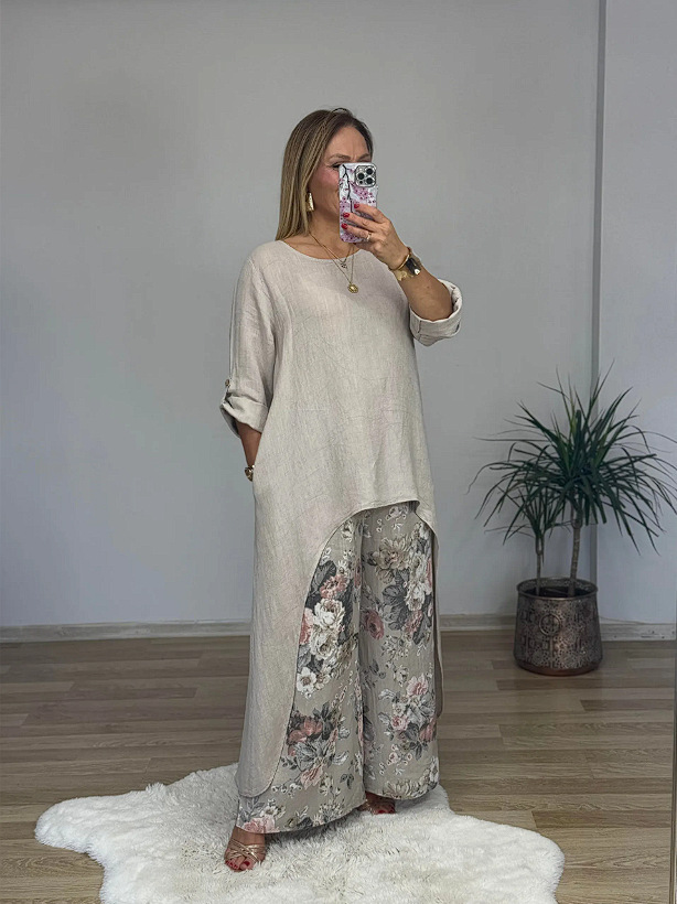 Relaxed High-Low Tunic Floral Wide-Leg Two-Piece Set