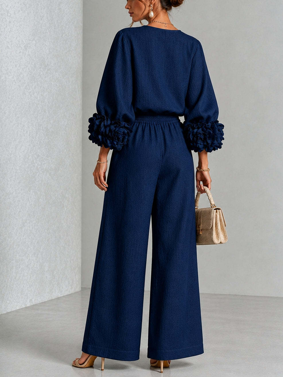 Elegant 3D Floral Cuff Balloon Sleeve Wide-Leg Pants Set