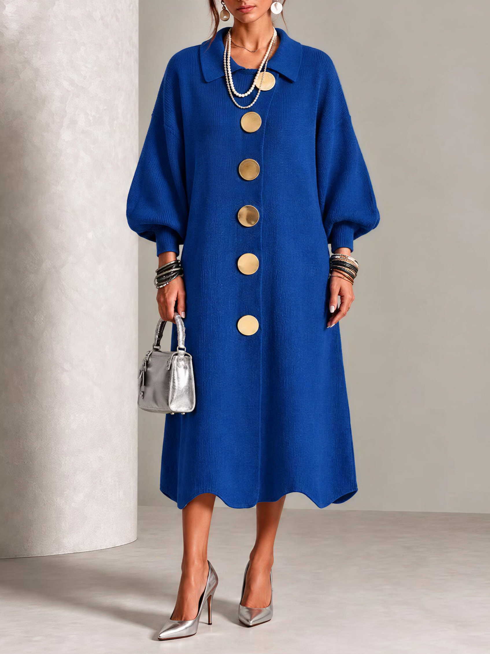Elegant Collared Button Ribbed Knit Dress