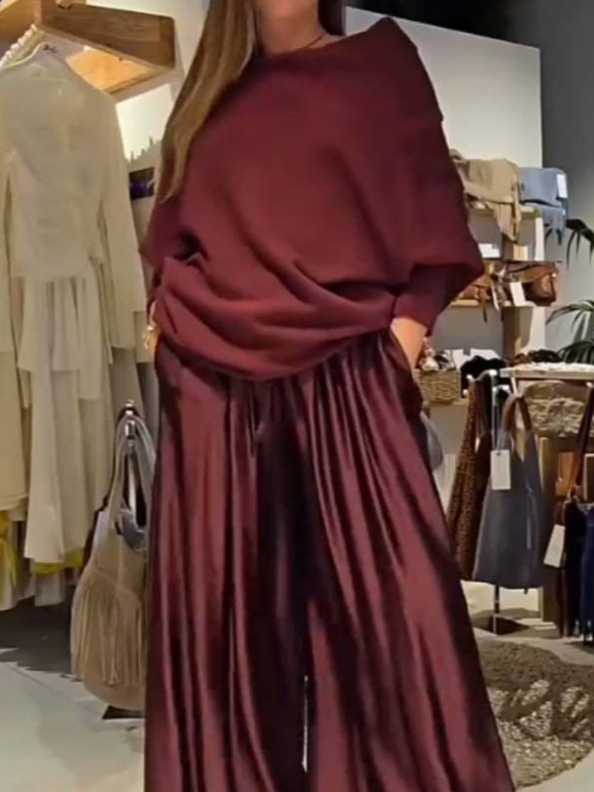 Elegant Off-Shoulder Drape Top and Wide Leg Satin Pants Set (Buy 2 Free Shipping)