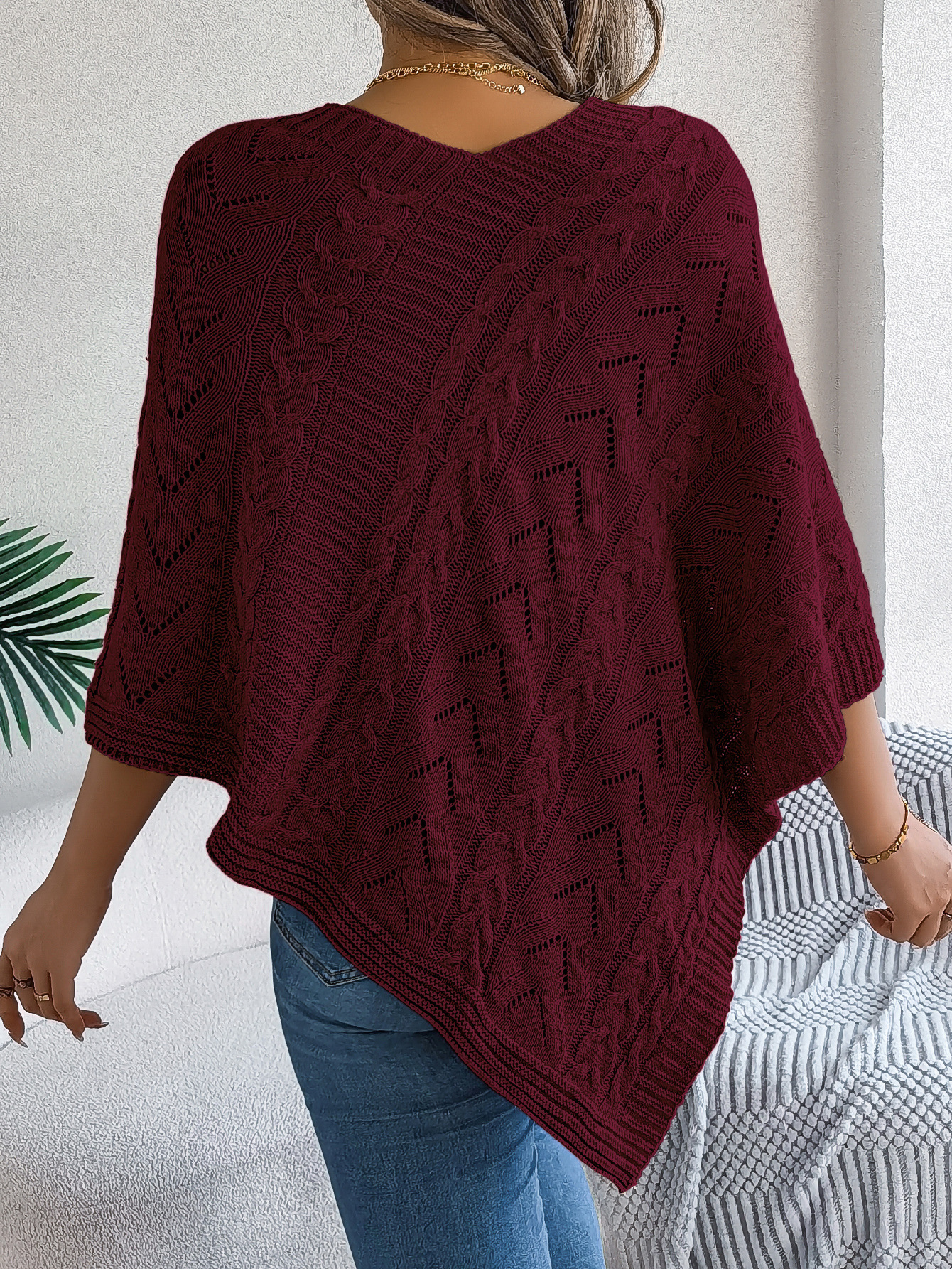 Relaxed Chevron Cable Knit V-Neck Poncho Sweater