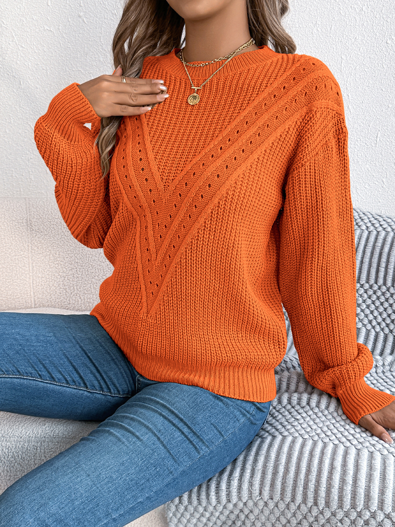 Elegant Textured Knit V Pattern Pullover Sweater