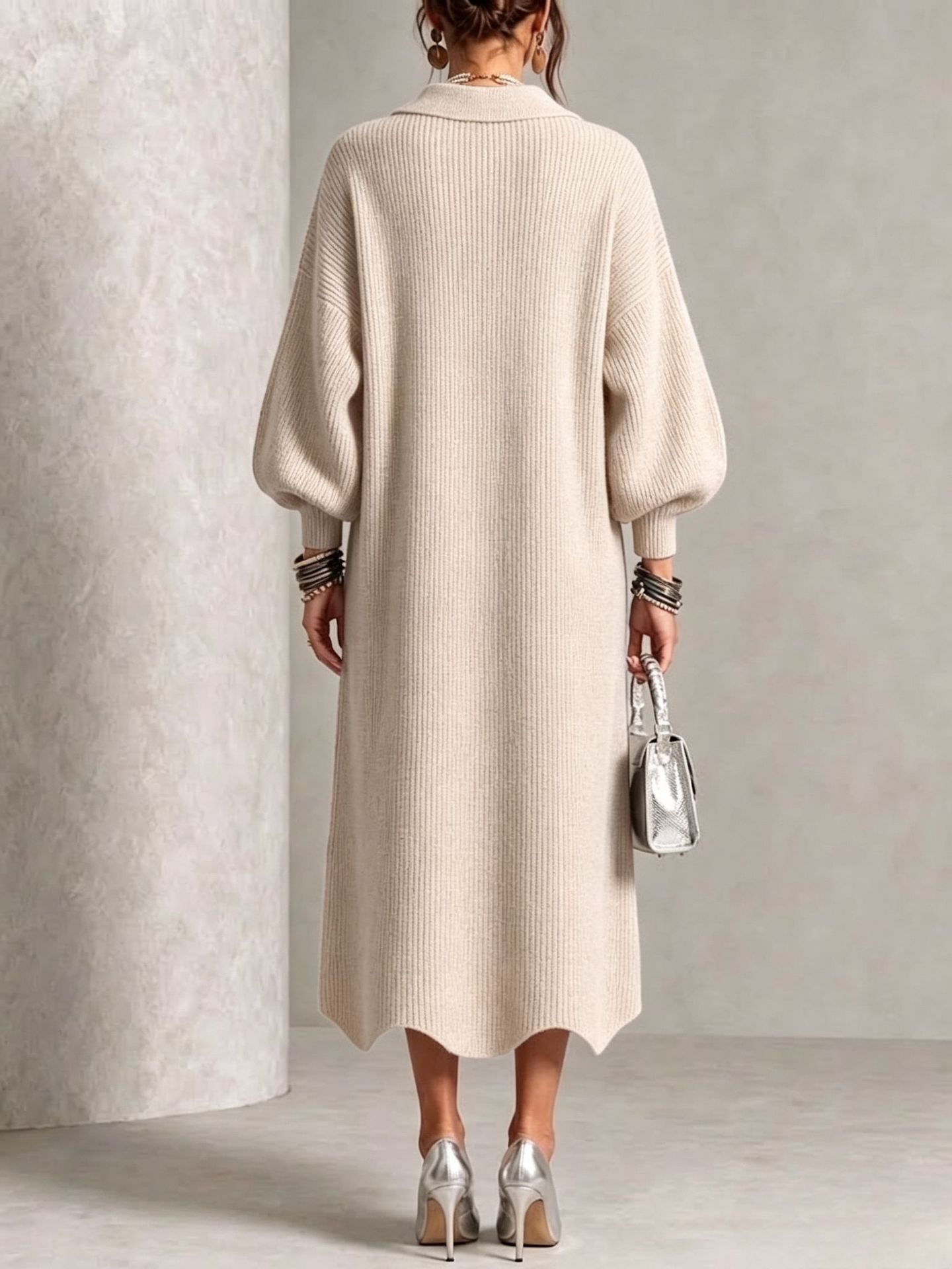 Elegant Collared Button Ribbed Knit Dress