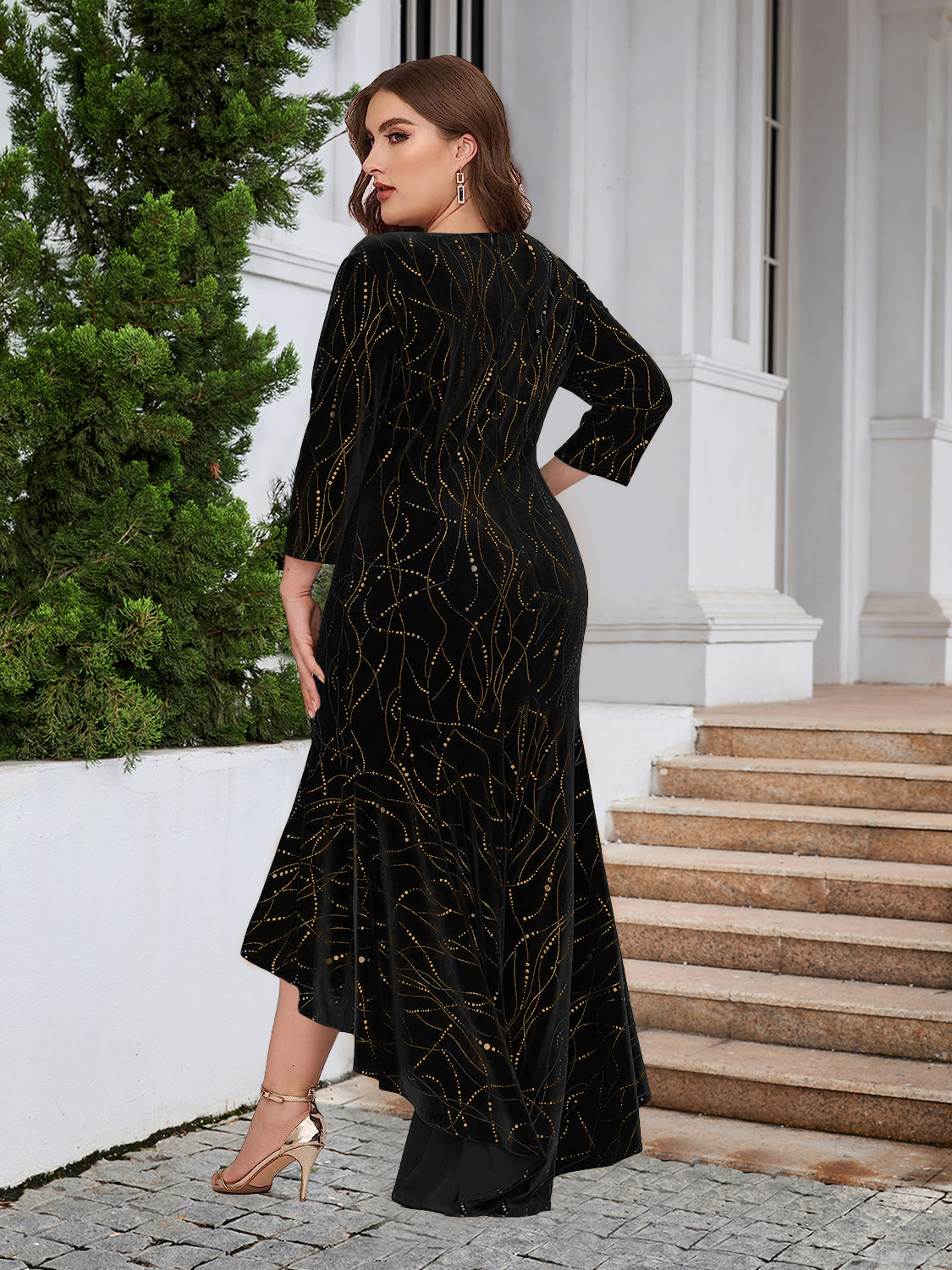Elegant Velvet Gold Swirl High-Low Dress